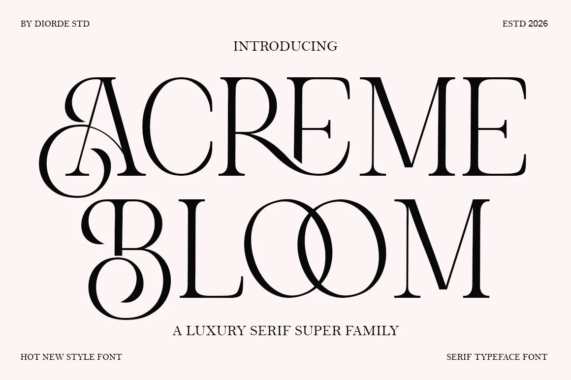 Acreme Bloom font preview featuring the words ACREME BLOOM in large, highly stylized serif letters with decorative swashes on the A and B.