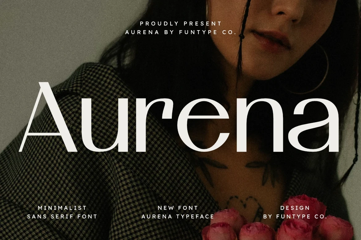 Aurena font display showing the word Aurena in a high-contrast, wide sans serif typeface over a background of a person holding roses.