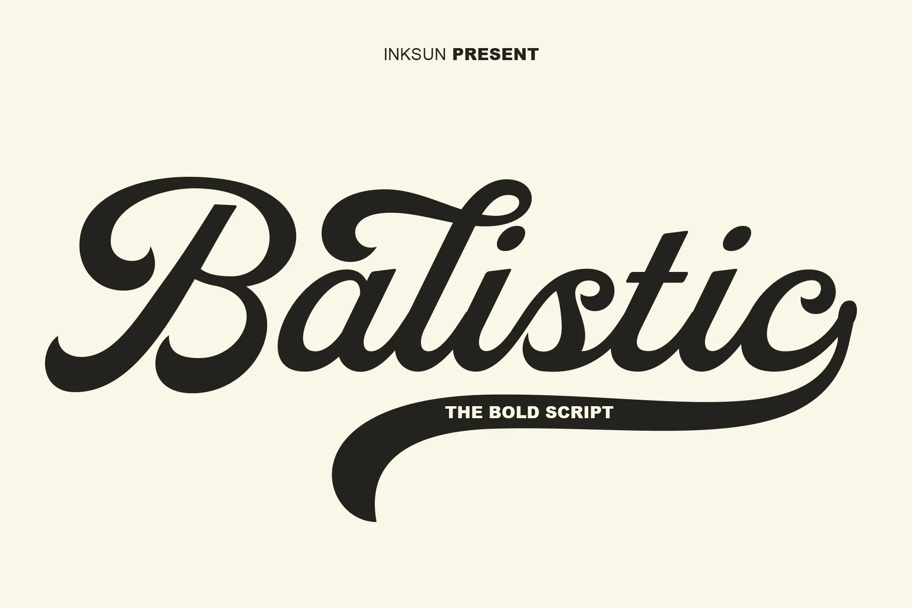 Balistic font sample showing the word in a bold, connected retro script style with a large sweeping tail, paired with a small sans-serif tagline.