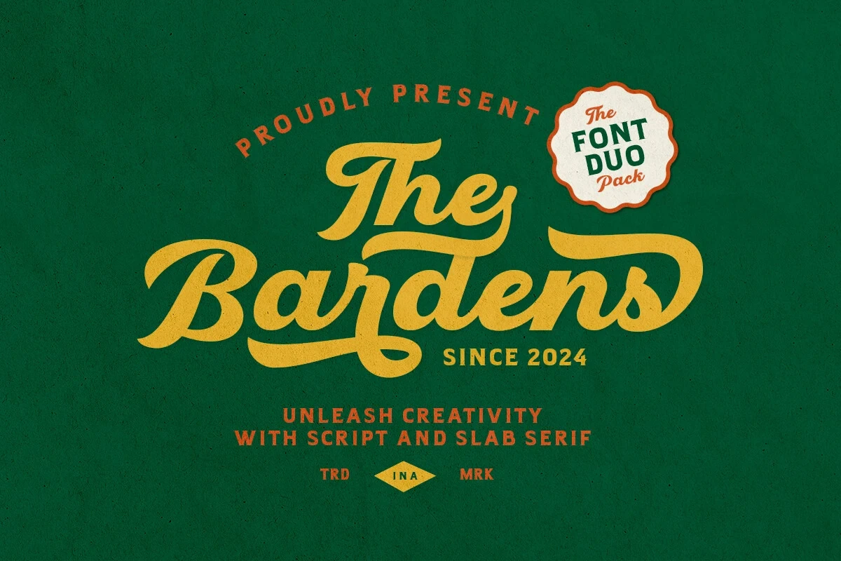 The Bardens font preview displays a bold, retro brush script typeface alongside a secondary slab serif font on a textured green background.