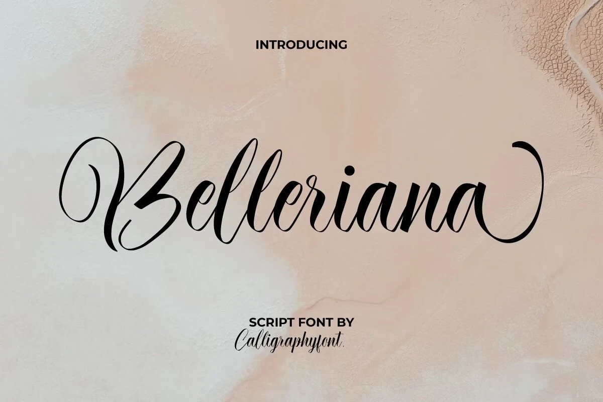 Belleriana font preview showing the script typeface name written in a decorative calligraphy style against a textured beige background.