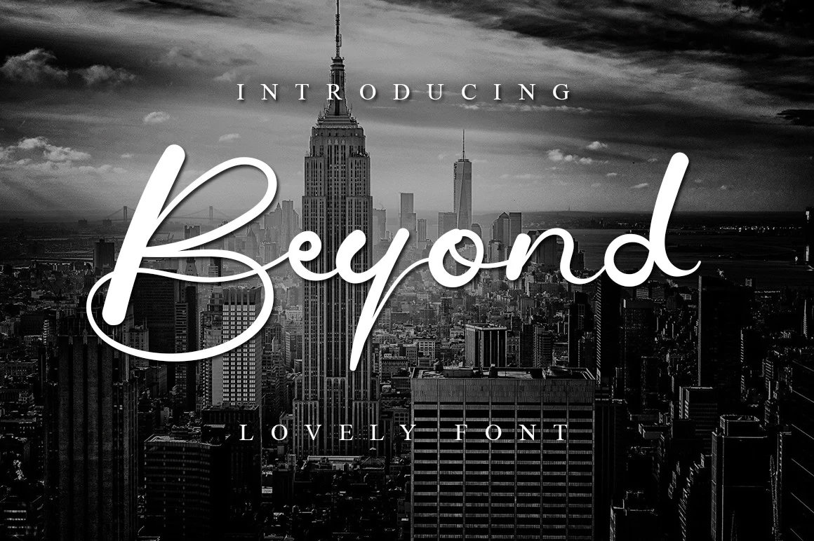 Beyond font displayed in a white, connected script style over a black-and-white photograph of the New York City skyline, with accompanying sans-serif text.