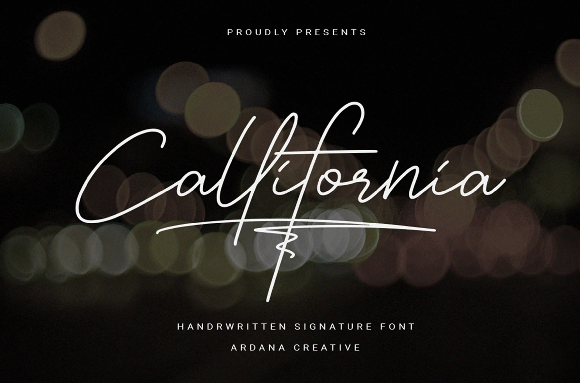 Callifornia font displayed in a handwritten script style with prominent swashes over a blurred bokeh background, accompanied by simple sans-serif text below.
