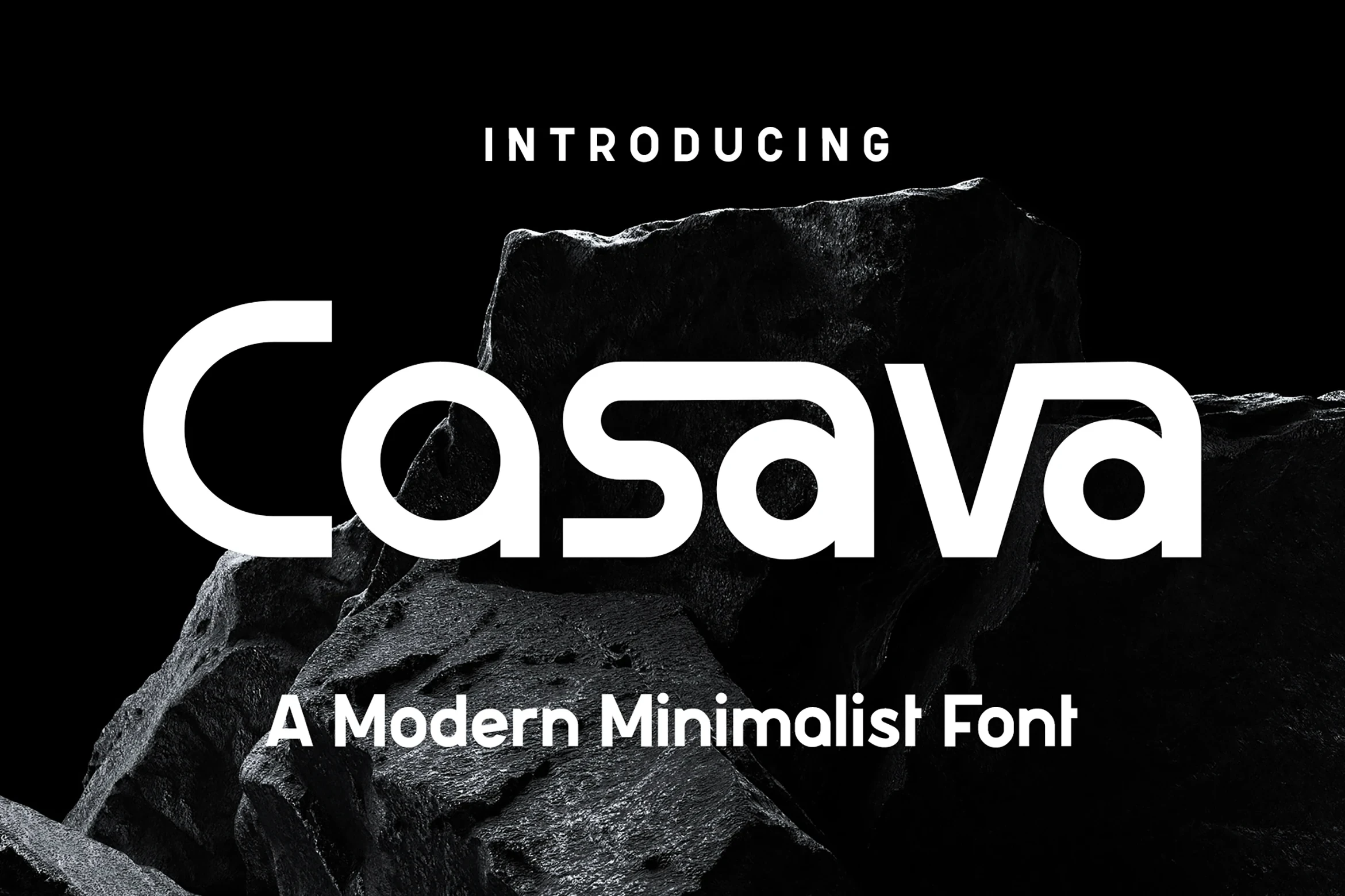 Casava font preview showing the word Casava in a bold, geometric, rounded sans-serif typeface centered against a dark rock formation.