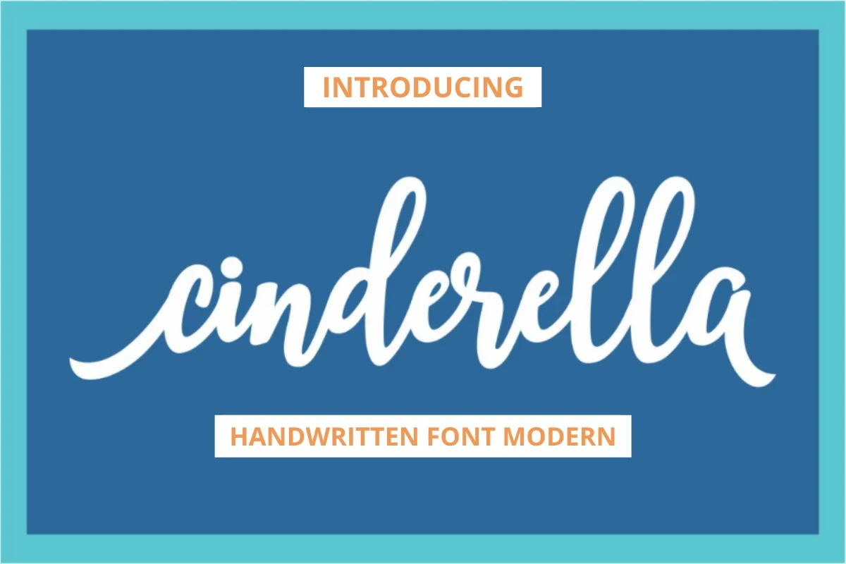 Cinderella font presented as a white handwritten script on a blue background, with supporting sans-serif text reading 'INTRODUCING' and 'HANDWRITTEN FONT MODERN'.