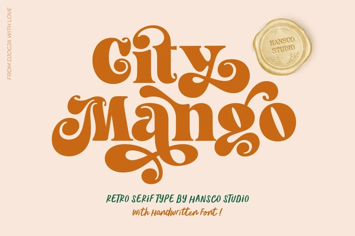 City Mango font preview showing a bold, retro display serif typeface with swirling, decorative terminals and a supporting sans-serif tagline.