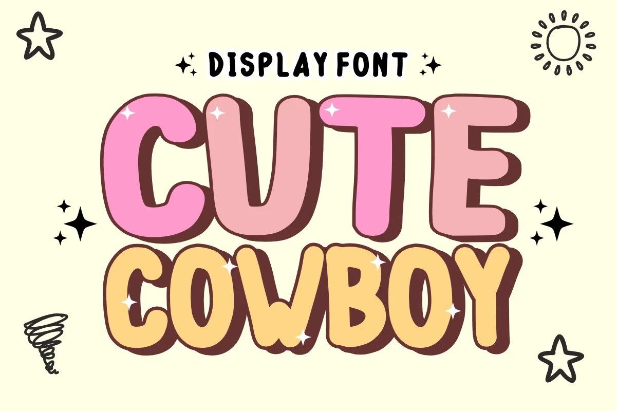 Cute Cowboy font display showing the words CUTE COWBOY in a thick, rounded, bubble-style typeface with a brown drop shadow.