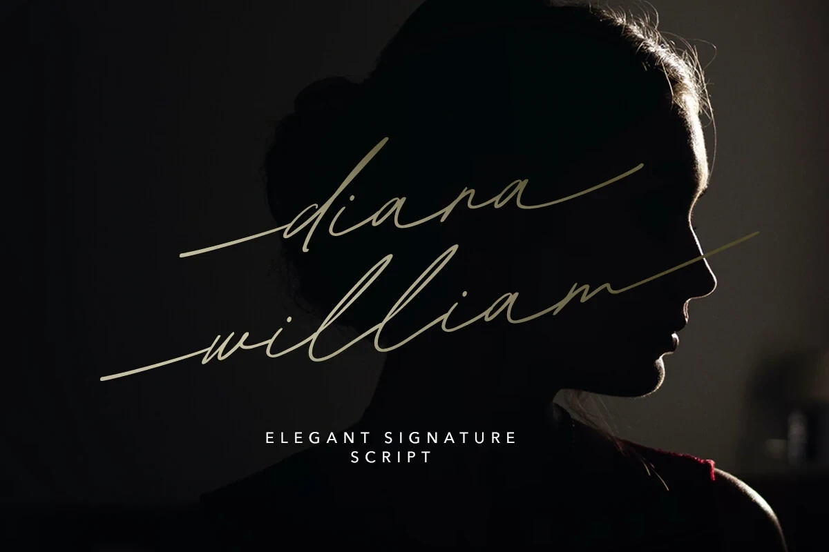 Diana William font preview displaying a signature-style script font paired with a minimal sans-serif subtitle against a dark silhouette background.