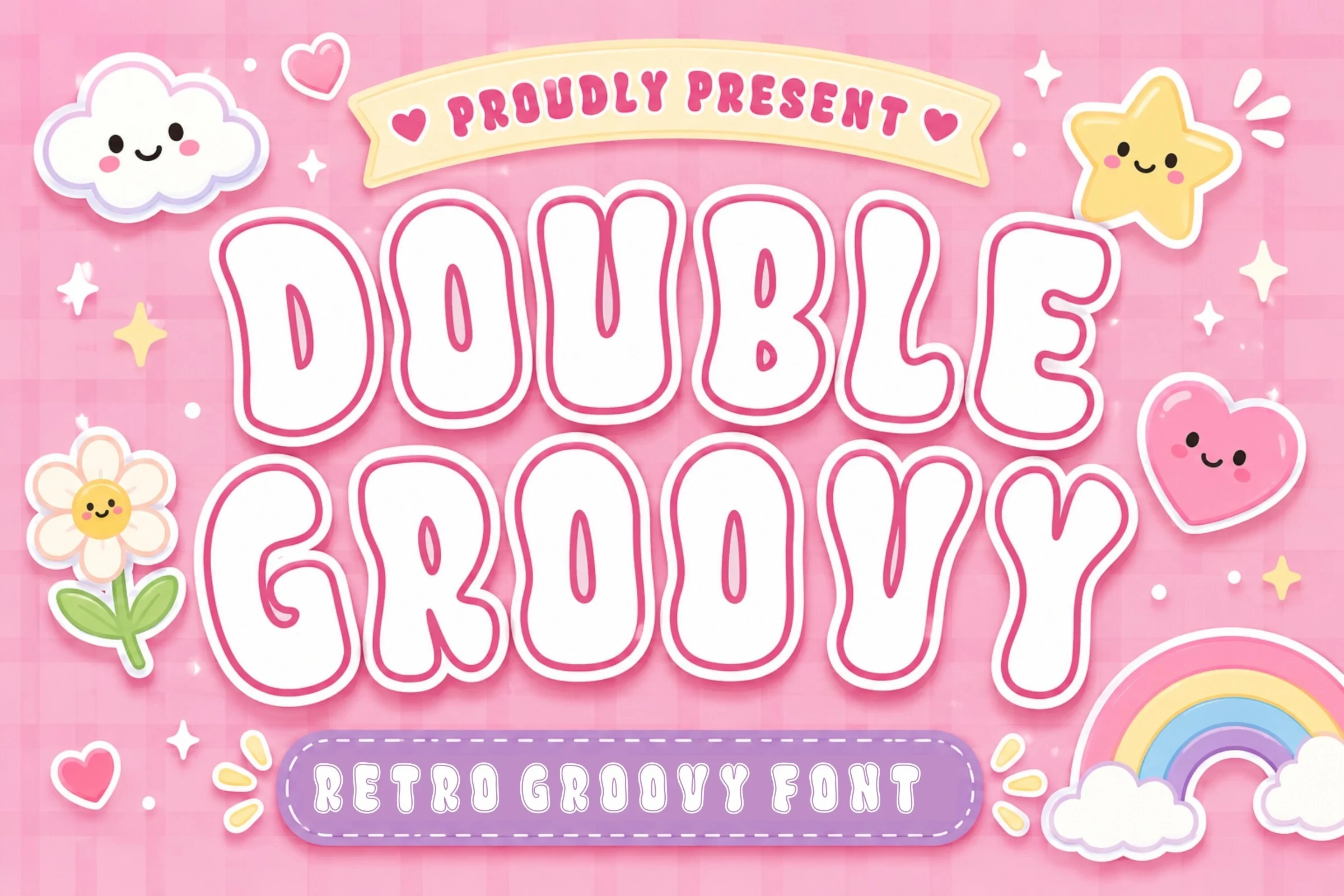 DOUBLE GROOVY font display featuring a bold, rounded bubble typeface in pink and white, paired with a secondary rounded sans-serif typeface on a pink background with cute icons.