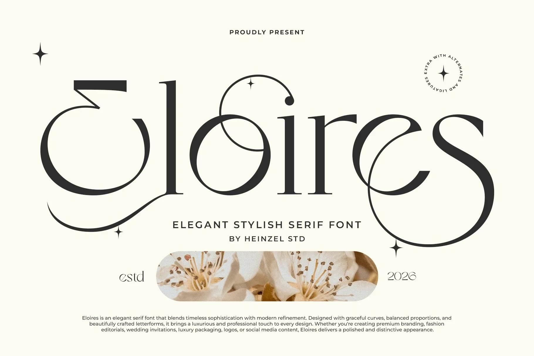 Eloires font displayed as a large header with decorative swashes on the letters E and s, accompanied by clean, sans-serif supporting text on a cream background.