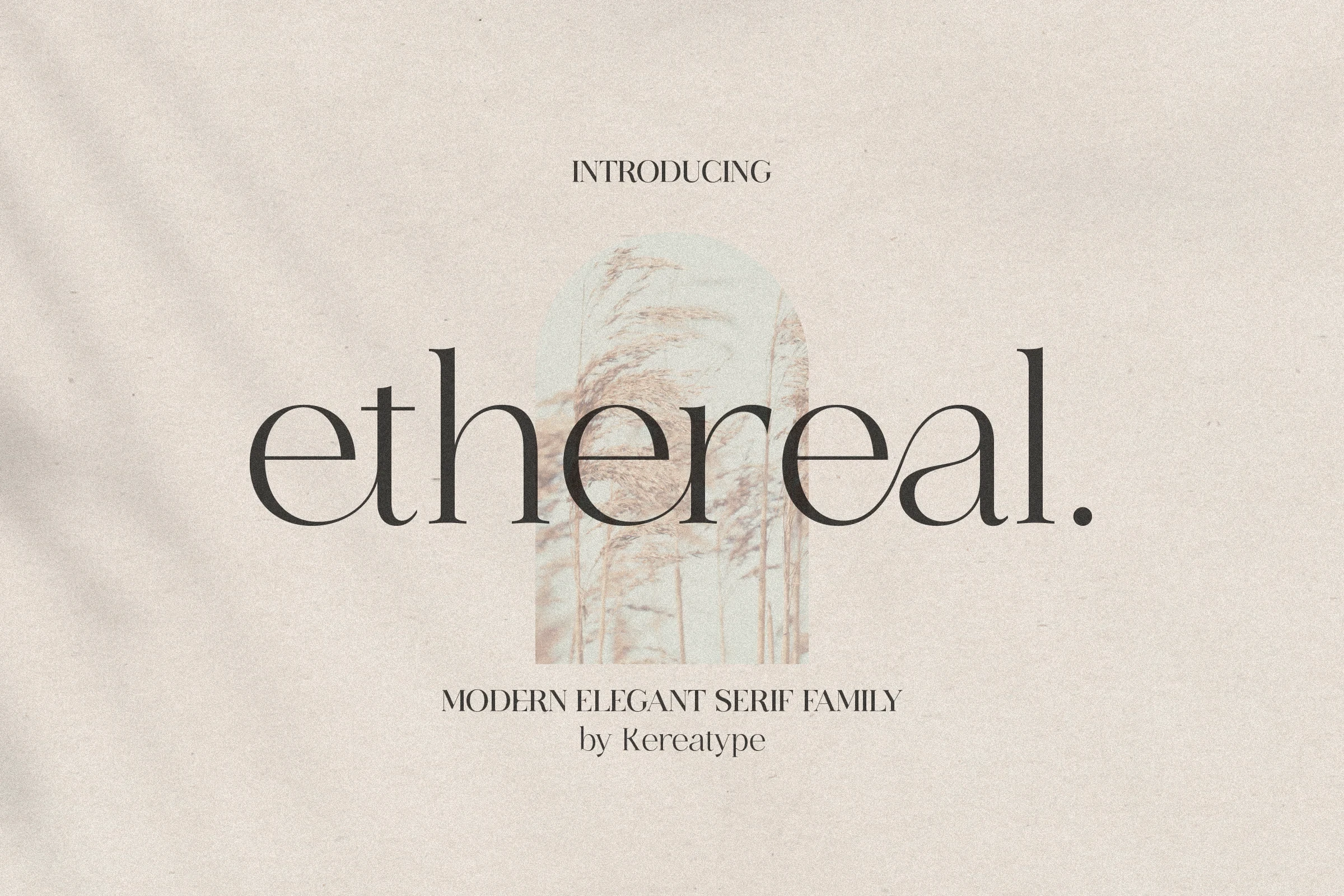 Ethereal font family display showing the word ethereal in a high-contrast serif typeface, with the text 'Introducing' and 'Modern Elegant Serif Family by Kereatype' underneath.