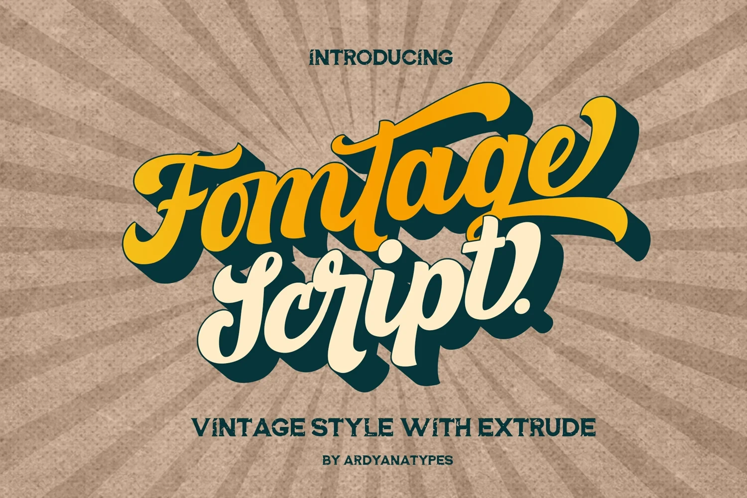 Fomtage Script font preview featuring bold, extruded yellow and white script lettering paired with distressed sans-serif text on a radial sunburst background.