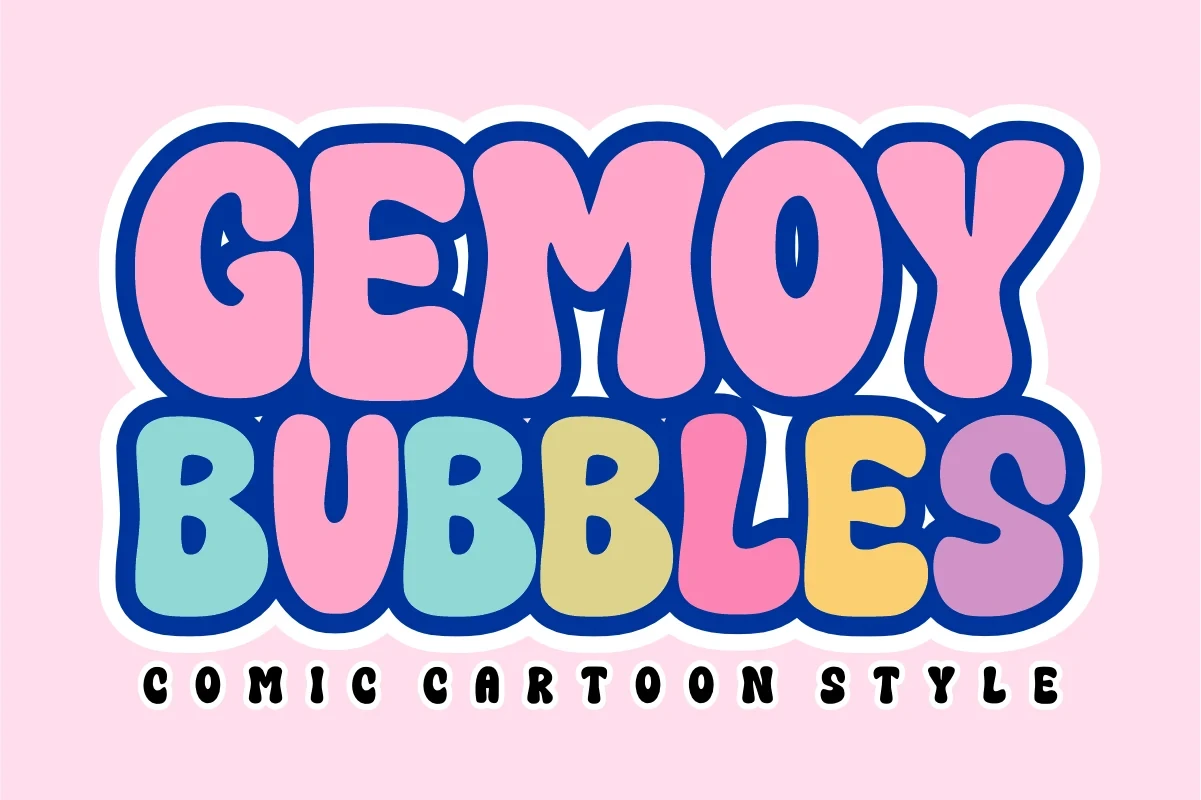 GEMOY BUBBLES font preview showing the title in a large, colorful bubble-letter style and the subtitle in a smaller, bold rounded sans-serif typeface.