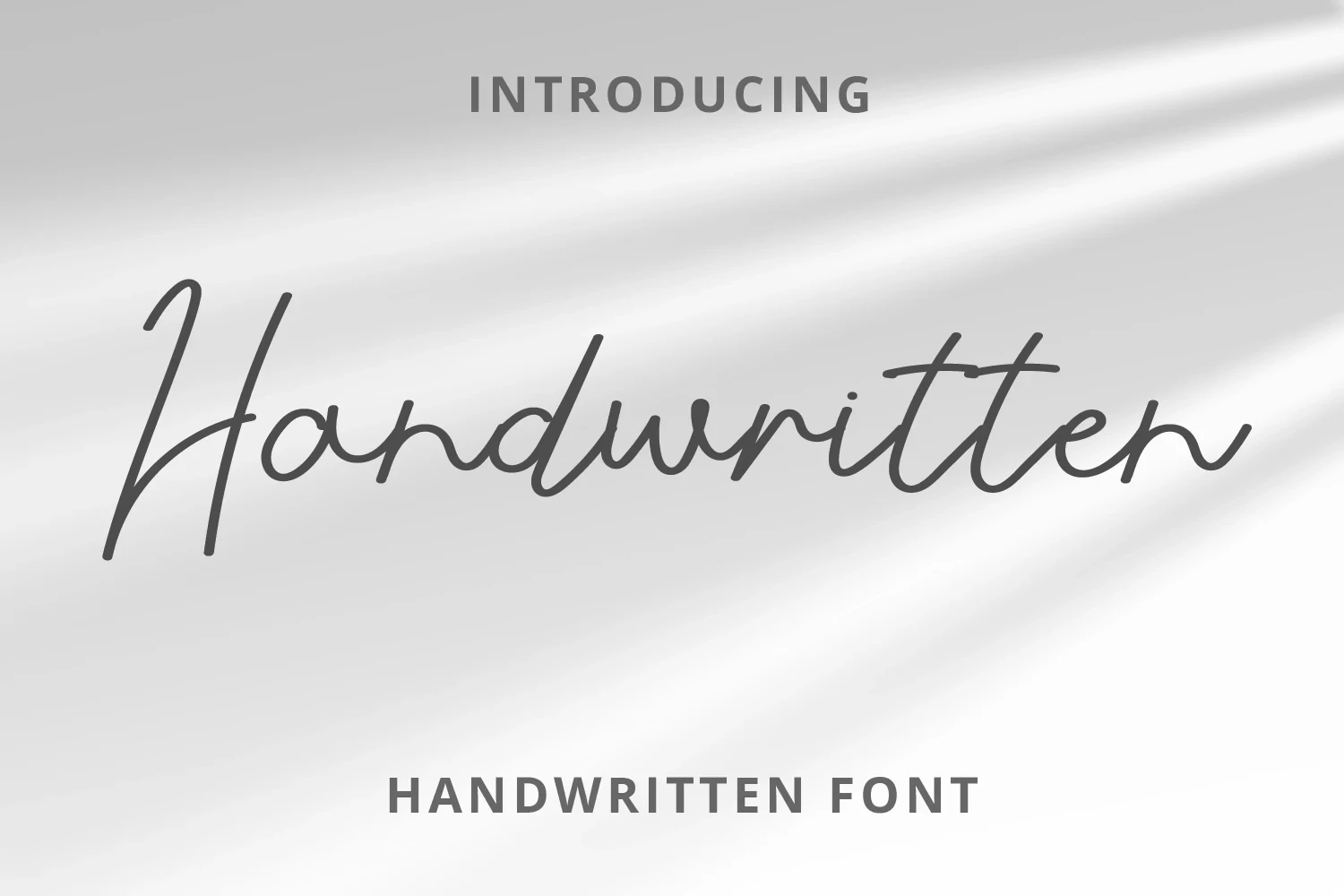 Handwritten font, shown in a cursive script style paired with simple sans-serif text against a neutral light background with soft shadows.