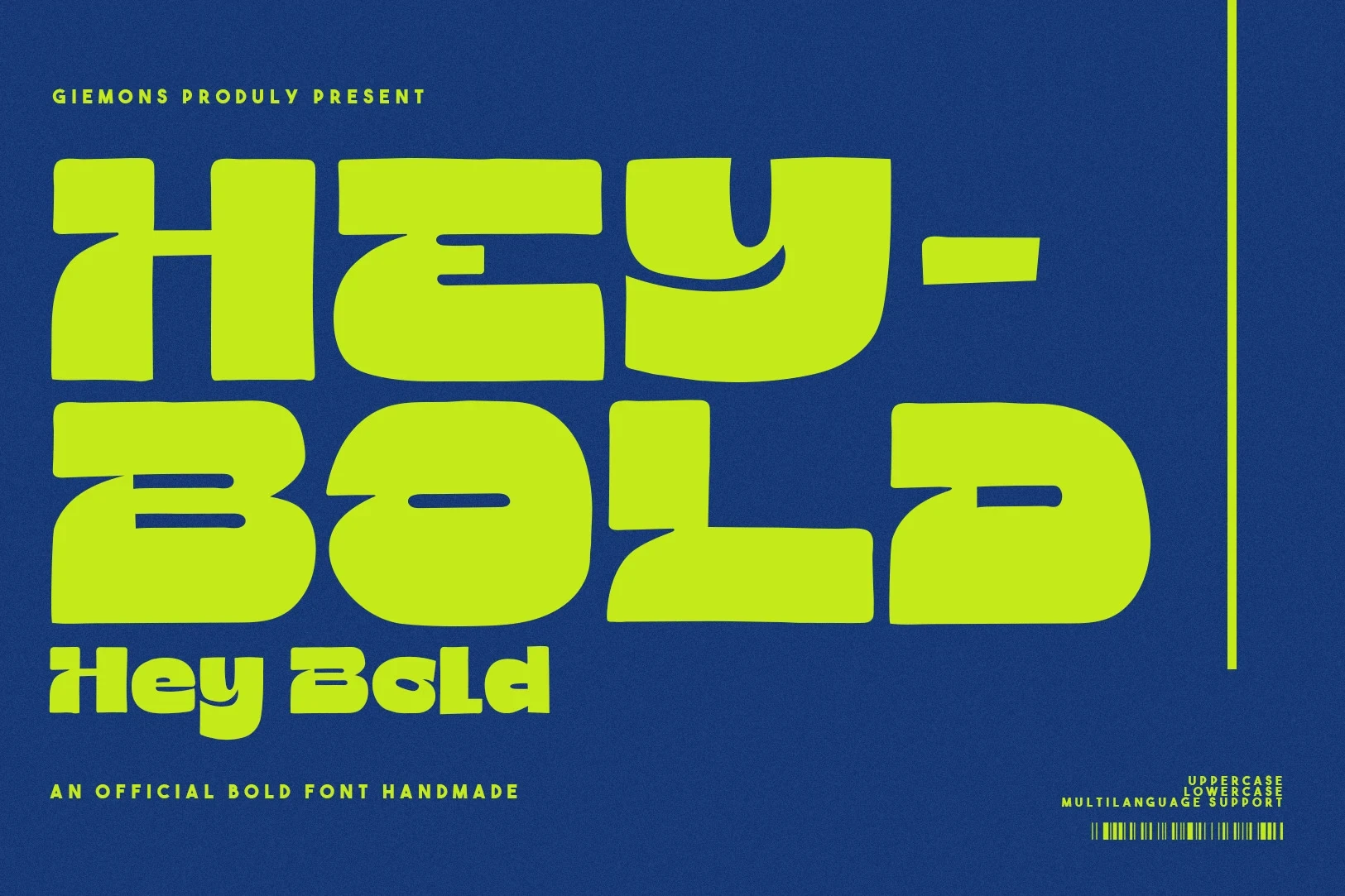 Hey Bold font preview shown in lime green on a textured navy blue background, displaying the typeface in large scale and a smaller footer size.