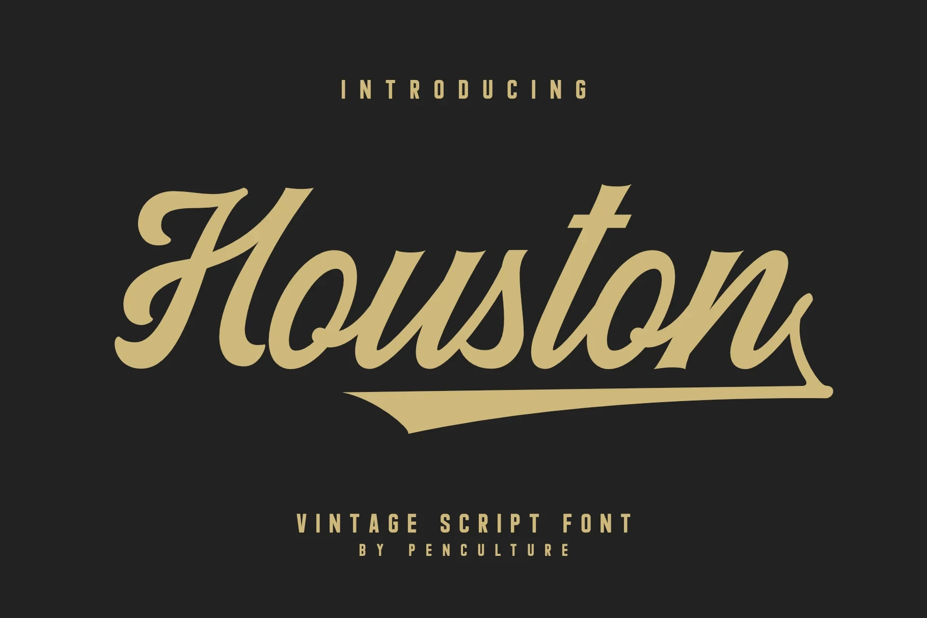 Houston font displayed in a gold script style over a dark background with additional sans-serif text identifying it as a vintage script font.
