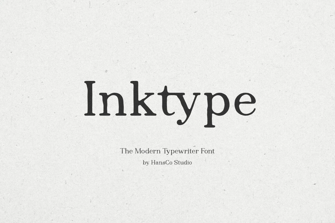 Inktype font shown in black text against a textured, light grey background with the subtitle The Modern Typewriter Font by HansCo Studio.
