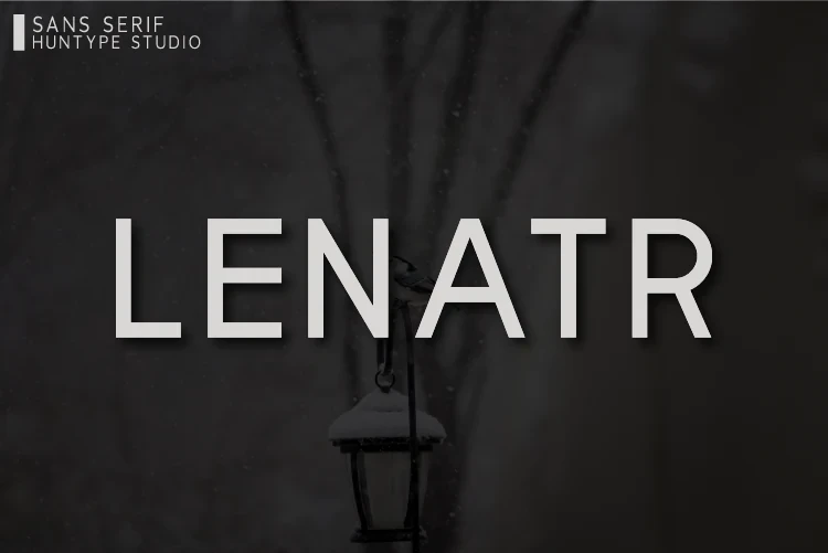 LENATR font preview showing the uppercase letters of the font centered against a dark, moody background featuring a snowy lantern.