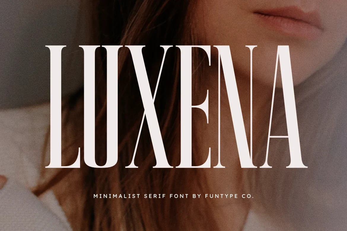 Luxena font display featuring the word LUXENA in a tall, condensed serif typeface overlaid on a soft-focus image of a person, with smaller sans-serif text below.