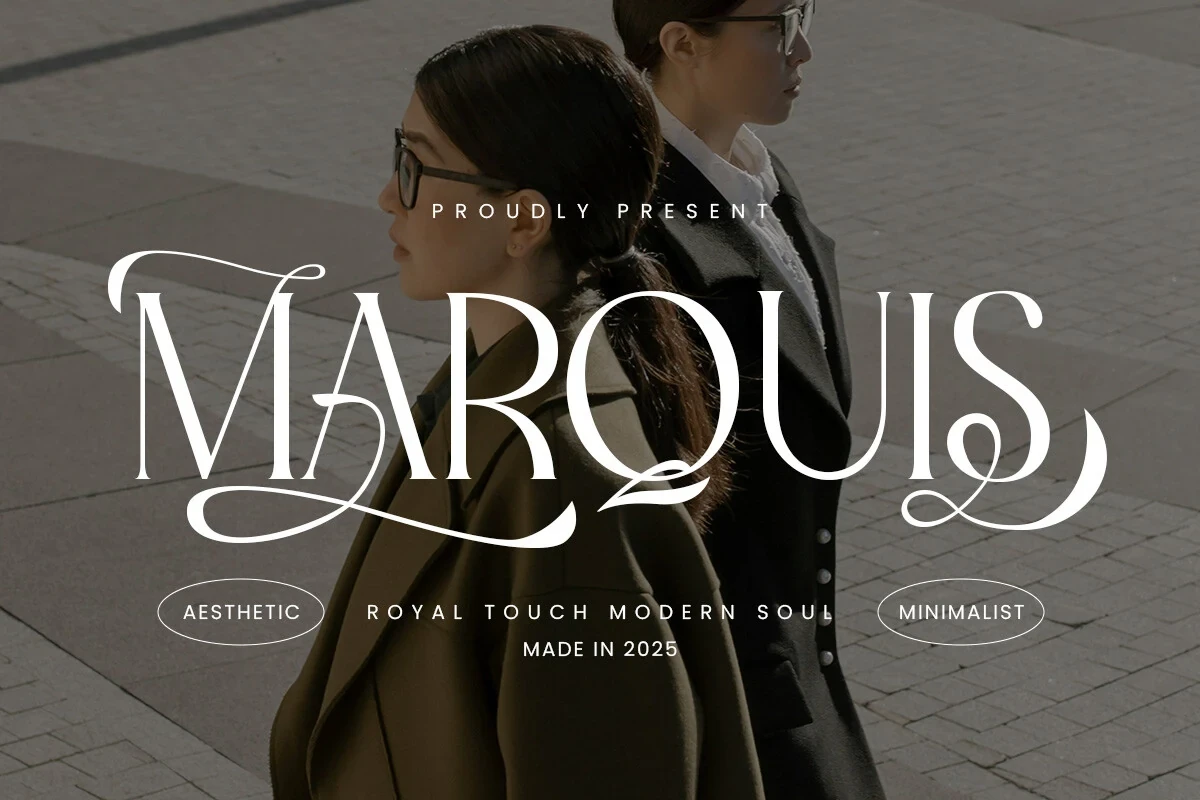 Marquis - Elegant Modern Serif Font featuring High stroke contrast between thick and thin lines and Elaborate, flowing swashes integrated into the baseline and terminal points