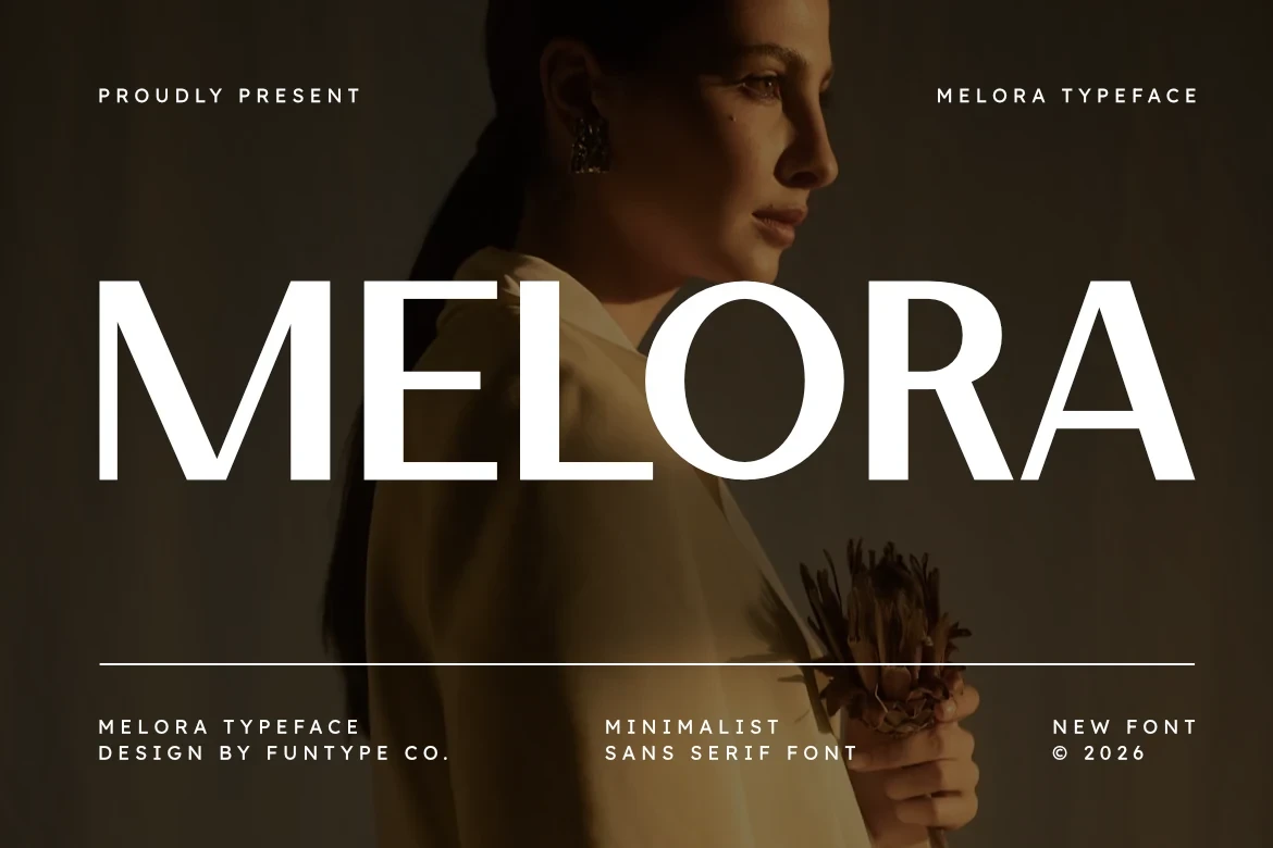 Melora Font featuring High stroke contrast and Wide, geometric proportions