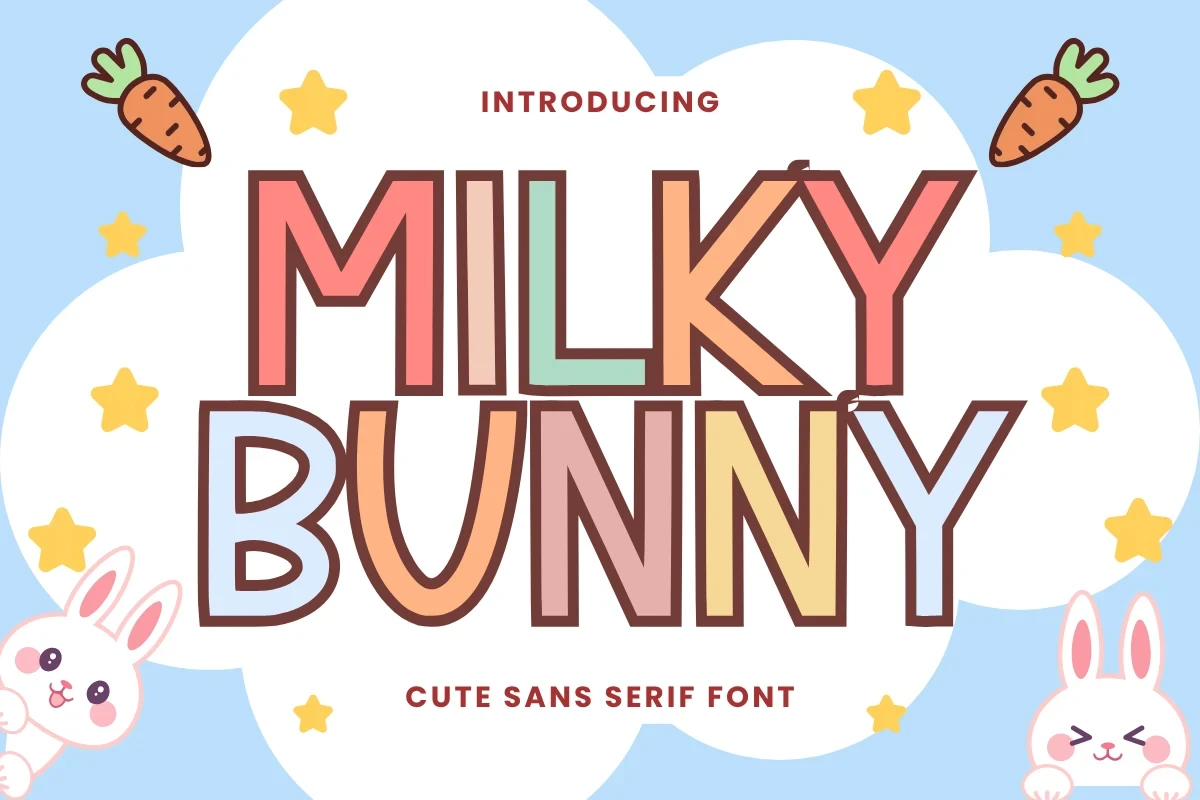 Milky Bunny font showcased as a playful, rounded, bold, multi-colored display typeface featuring a dark brown outline.