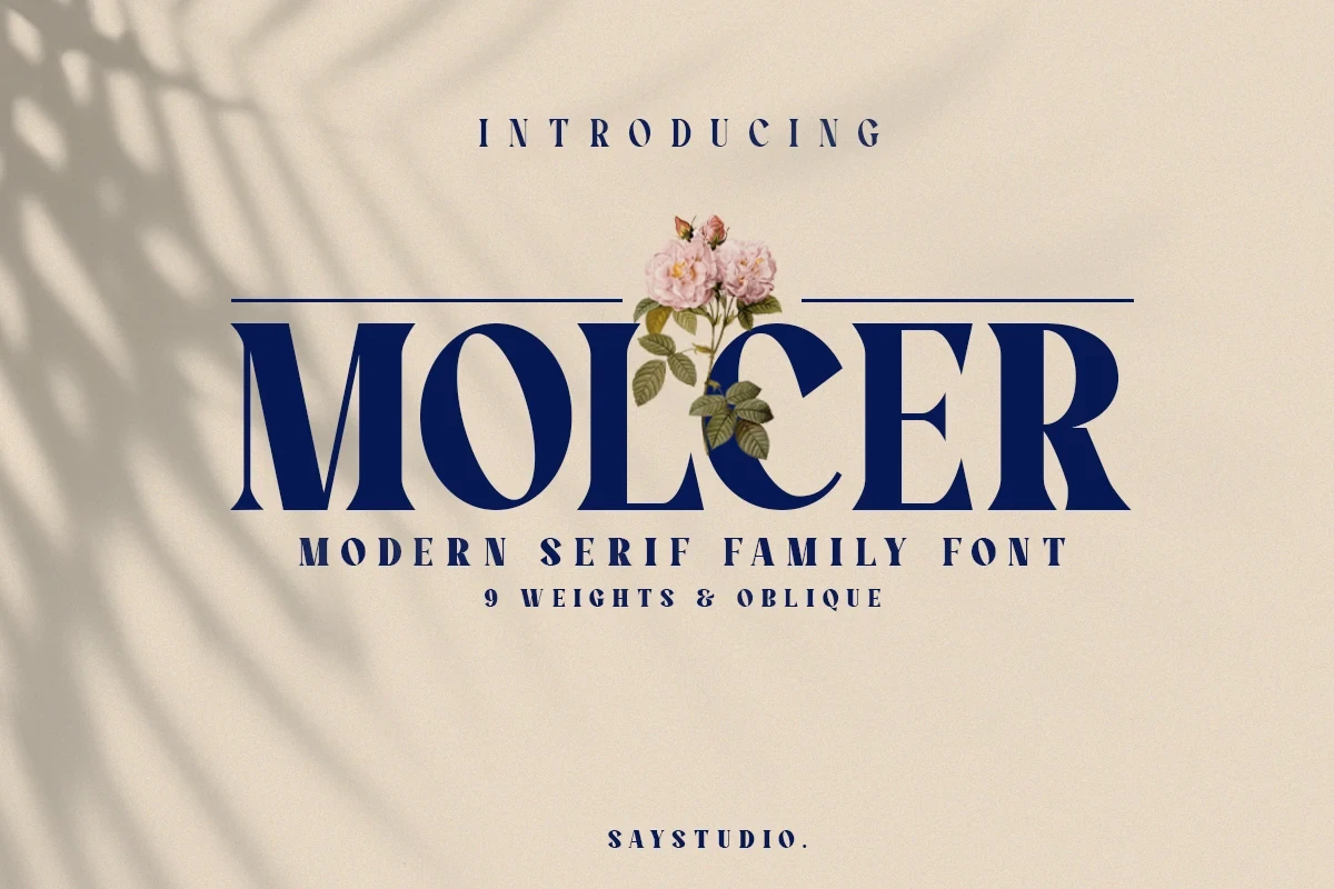 MOLCER font showcased as a large, dark blue, high-contrast serif display font with supporting geometric sans-serif text on a textured beige background.