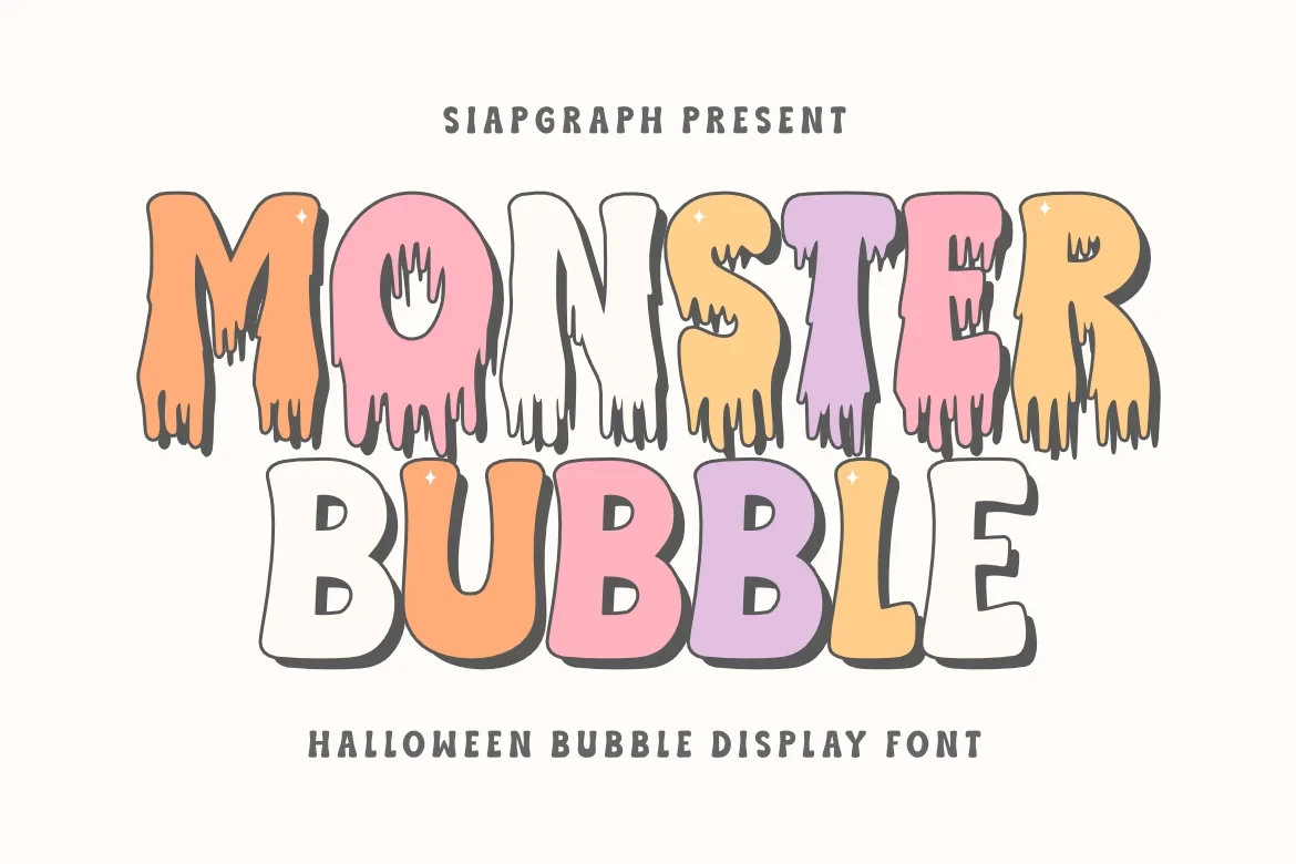 Monster Bubble Font featuring Dripping, irregular bottom edges on the top line and Thick, rounded, bubble-style letterforms
