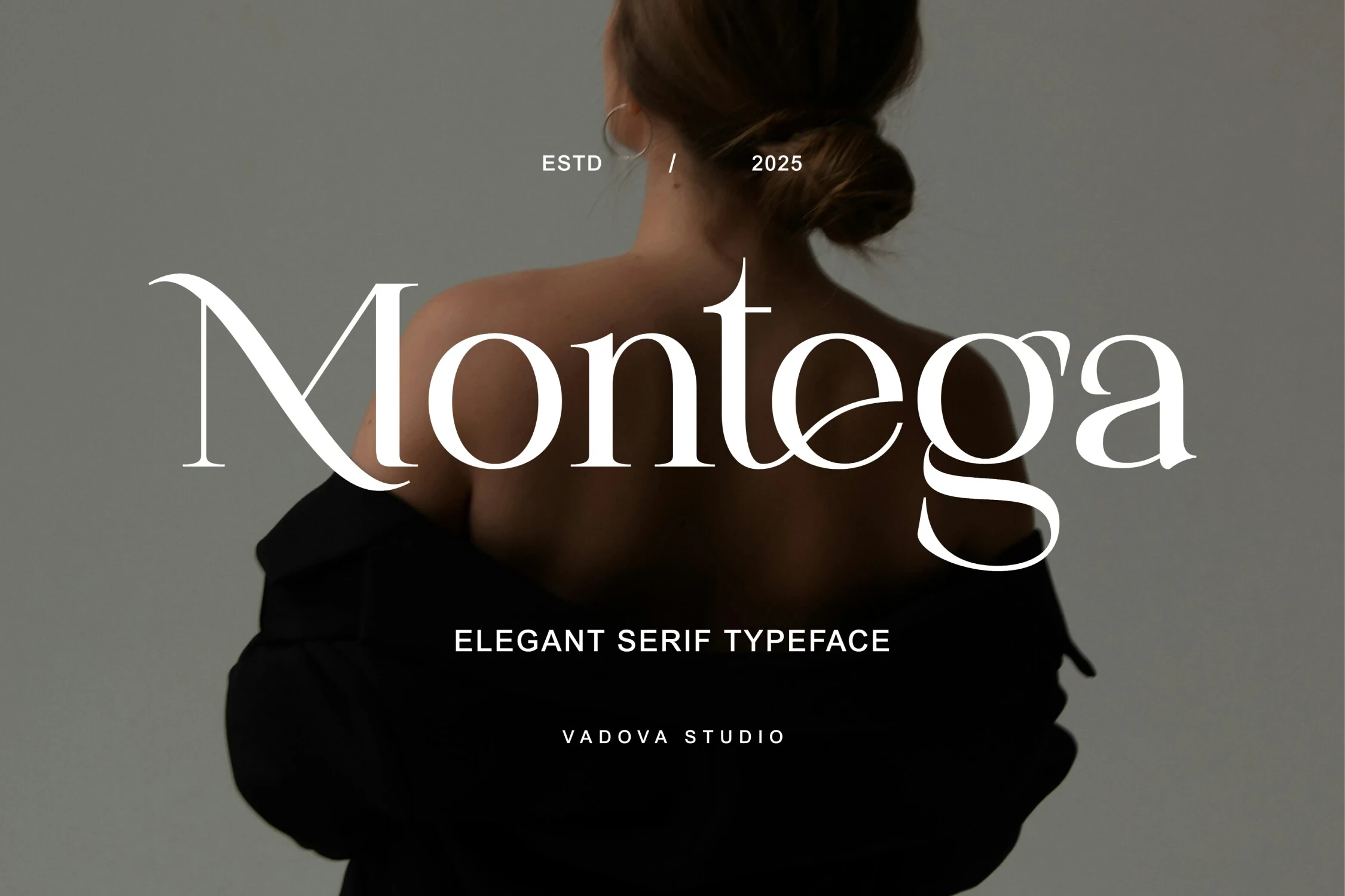 Montega font presentation featuring a large, elegant display serif typeface paired with minimalist sans-serif text against a blurred portrait of a person.