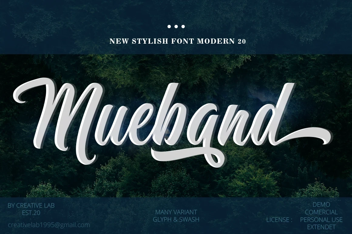Mueband font preview displayed in bold white script lettering against a dark forest background with small white sans-serif text providing license and designer information.