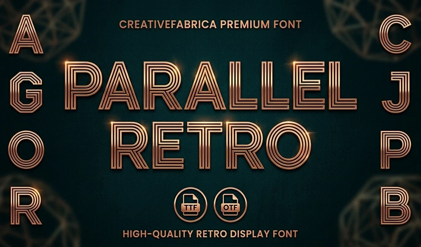 Parallel Retro font preview displaying uppercase letters in metallic, multi-line inline style against a dark background.