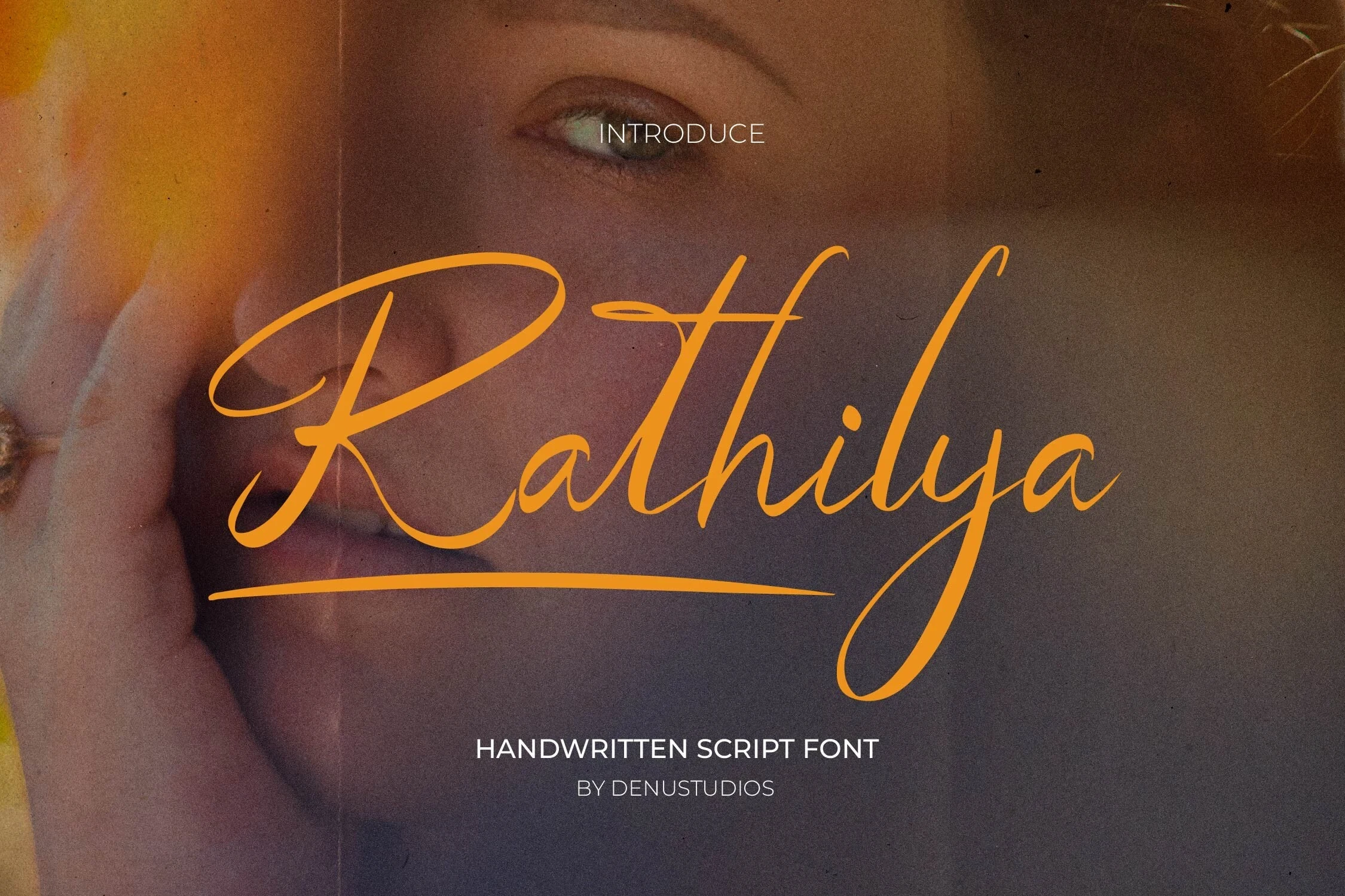 Rathilya font name presented in an elegant, flowing script style over a warm, textured photographic background, accompanied by plain sans-serif text identifying it as a handwritten script font.