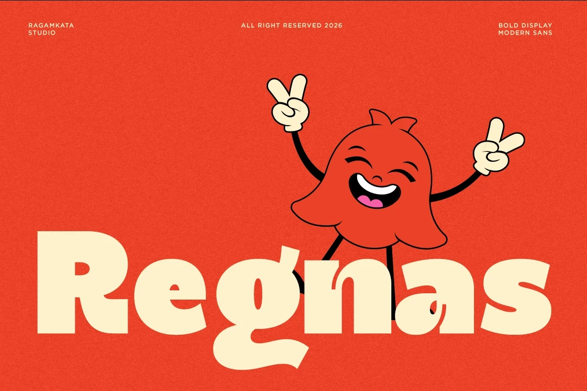 Regnas font displayed in large, bold, cream-colored letters against a textured orange background with a cartoon character.