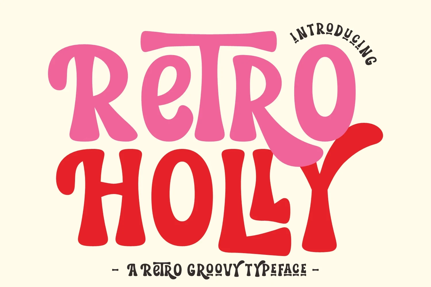 Retro Holly font preview showing the word 'Retro' in pink and 'Holly' in red, accompanied by secondary text.