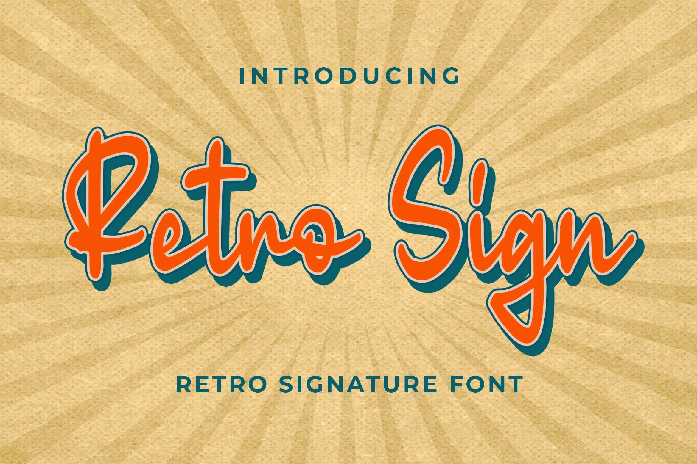 Retro Sign font preview showing the words 'Retro Sign' in an orange and teal script style, accompanied by sans-serif supporting text on a radial sunburst background.