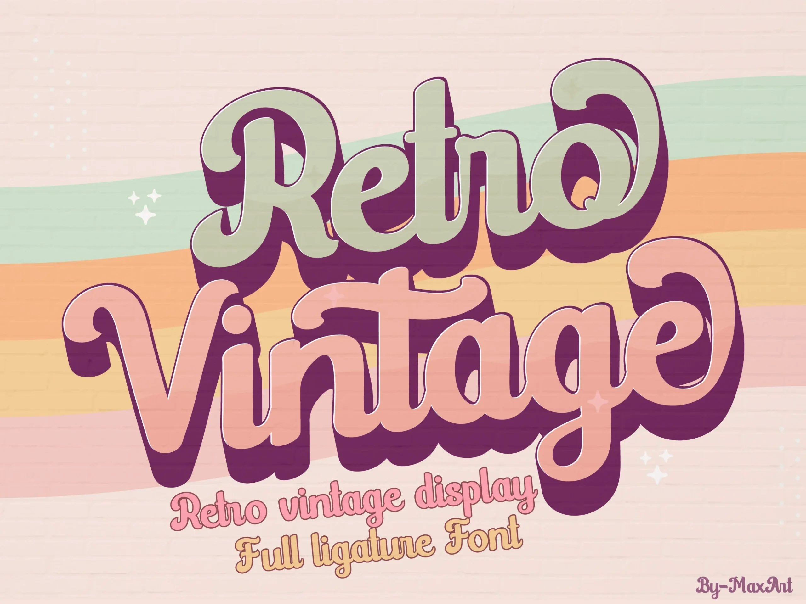 Retro Vintage font preview showing a bold, connected script with a drop shadow, accompanied by a clean secondary sans-serif typeface on a brick background with retro-colored stripes.