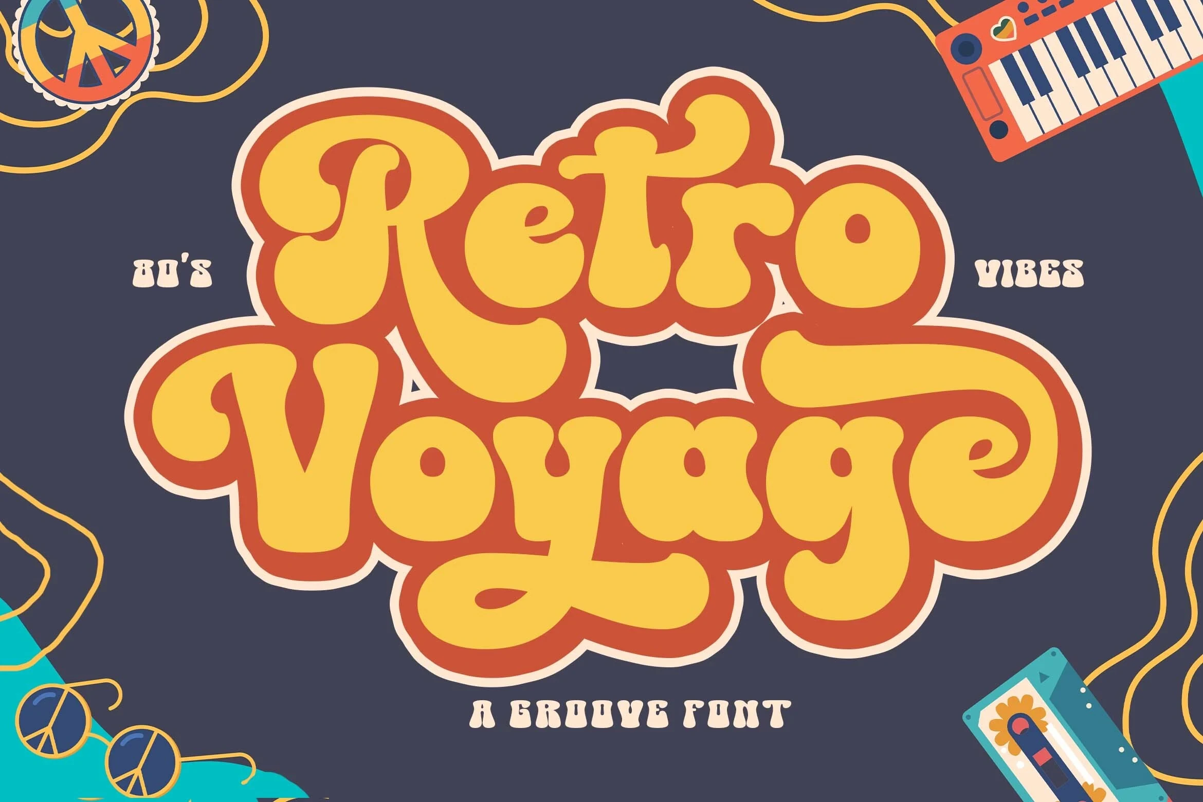 Retro Voyage font preview showing the text in bold yellow letters with orange and white outlines, accompanied by smaller sans-serif text on a dark blue background.