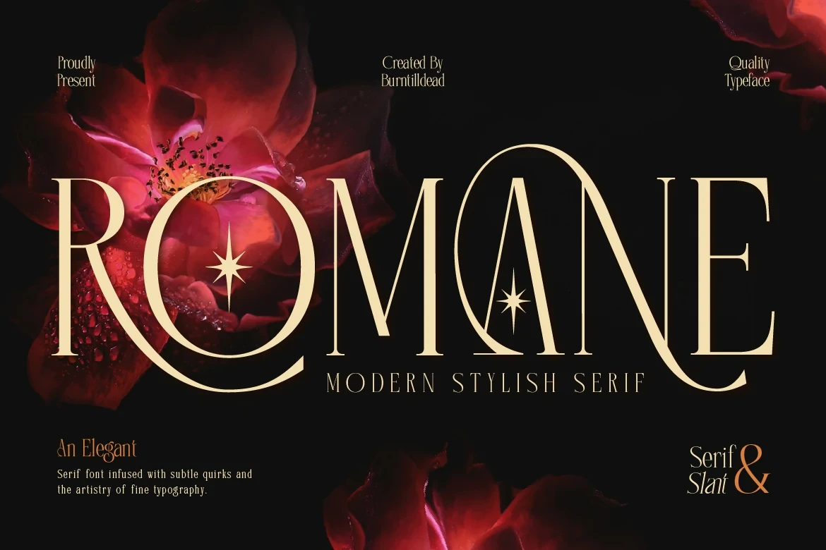 ROMANE font preview featuring a high-contrast elegant serif design with integrated star elements on a dark floral background.