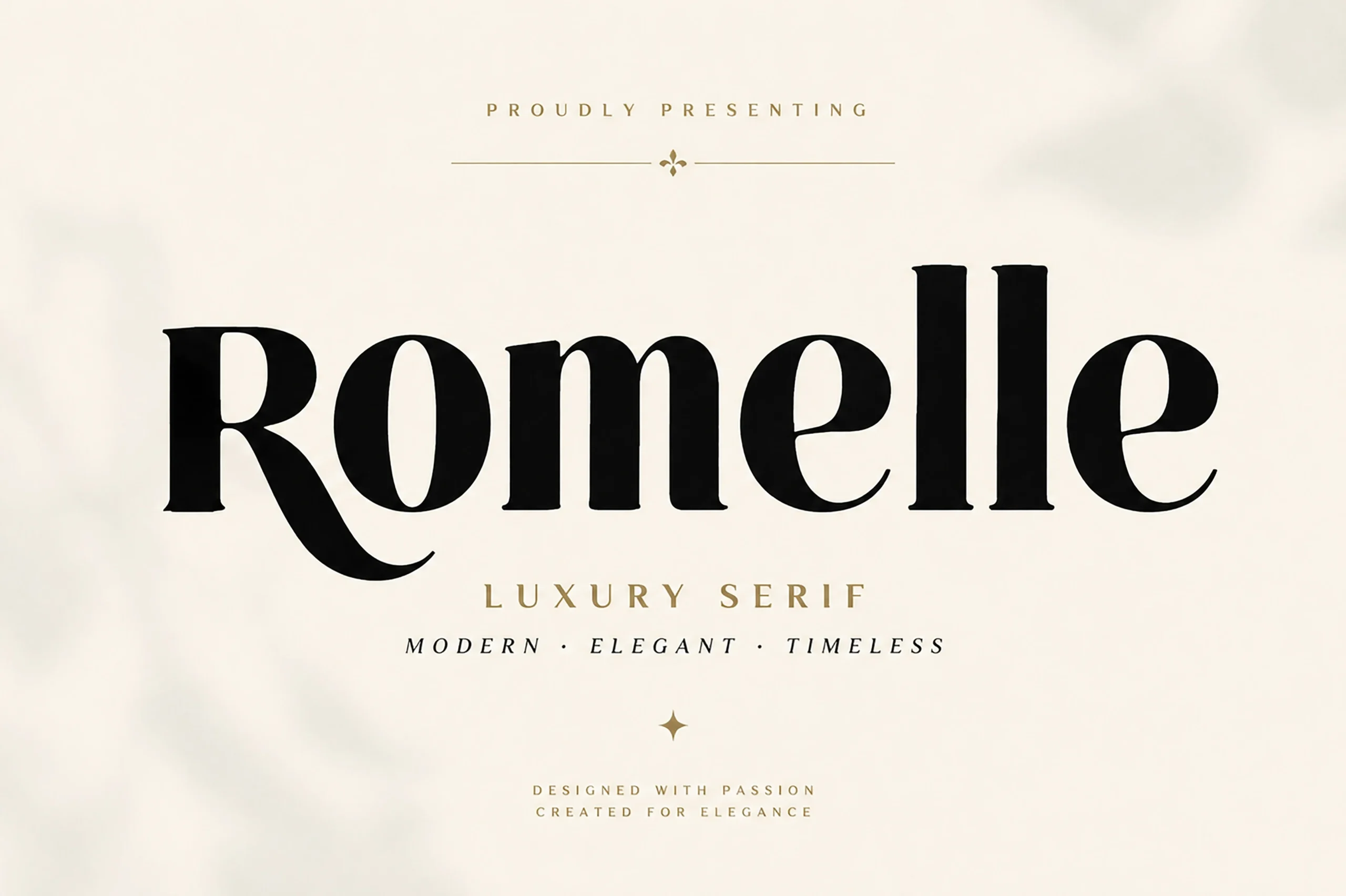 Romelle font displayed in a black, high-contrast serif style against a cream-colored, lightly textured background.