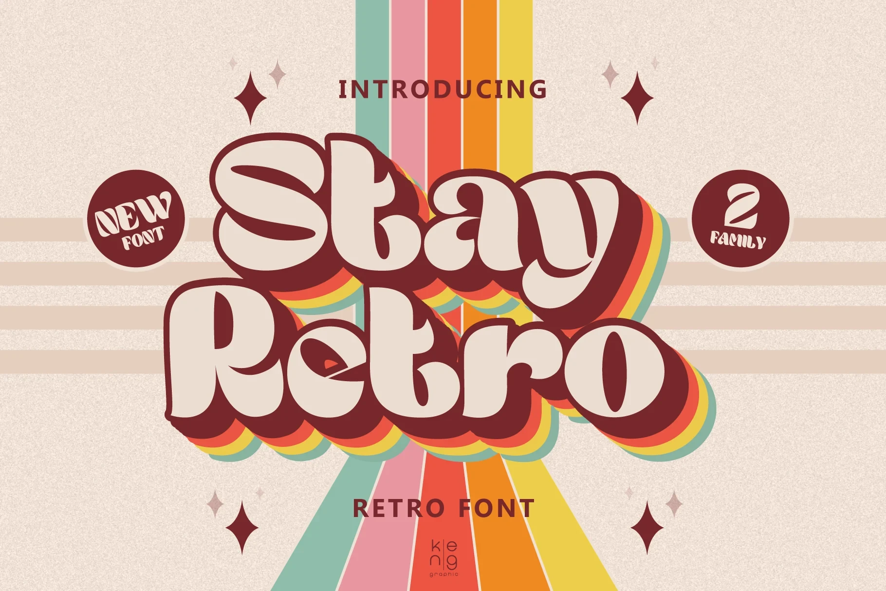 Stay Retro font displayed in large, bold, cream-colored letters with a layered, multi-colored shadow effect on a textured beige background.