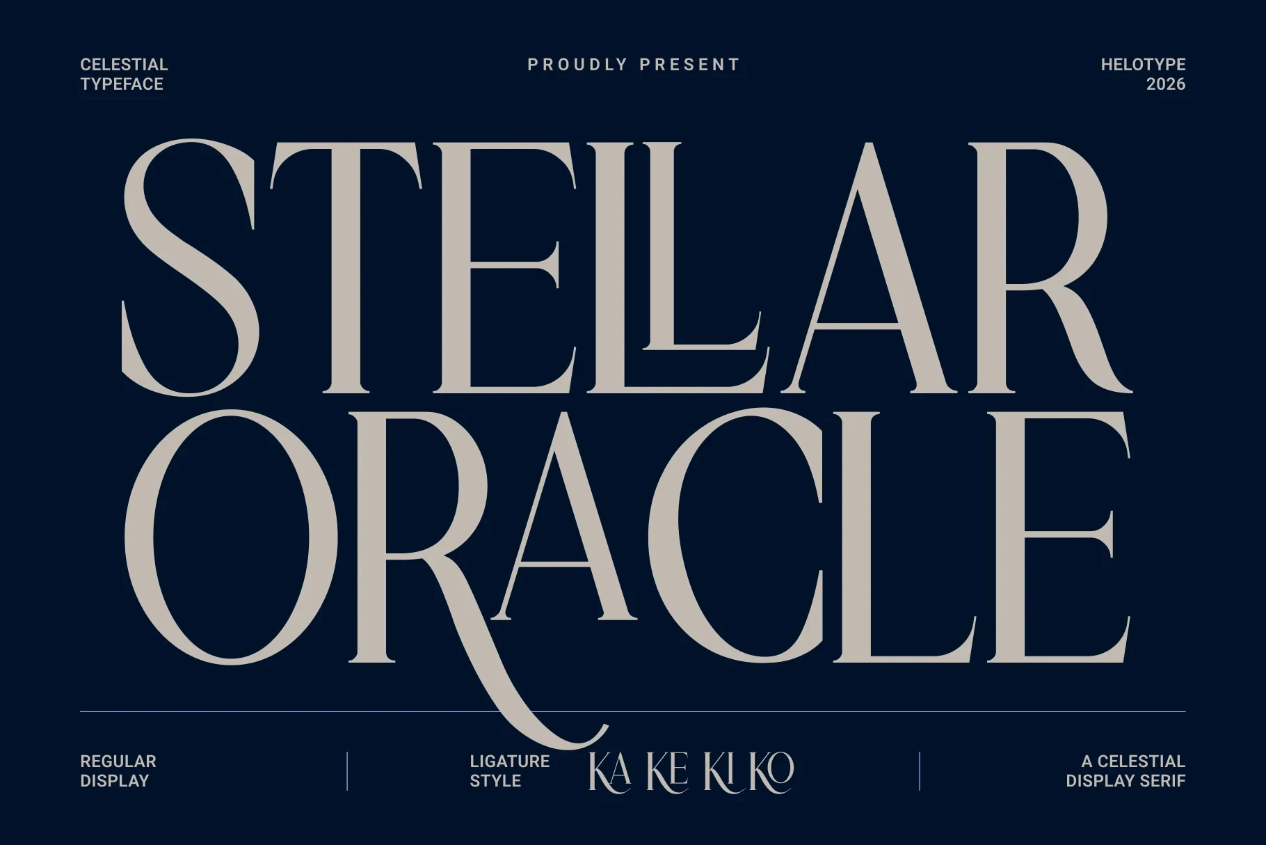 STELLAR ORACLE font preview displaying uppercase letters with high-contrast serif details and stylized ligatures in a cream color against a dark navy blue background.