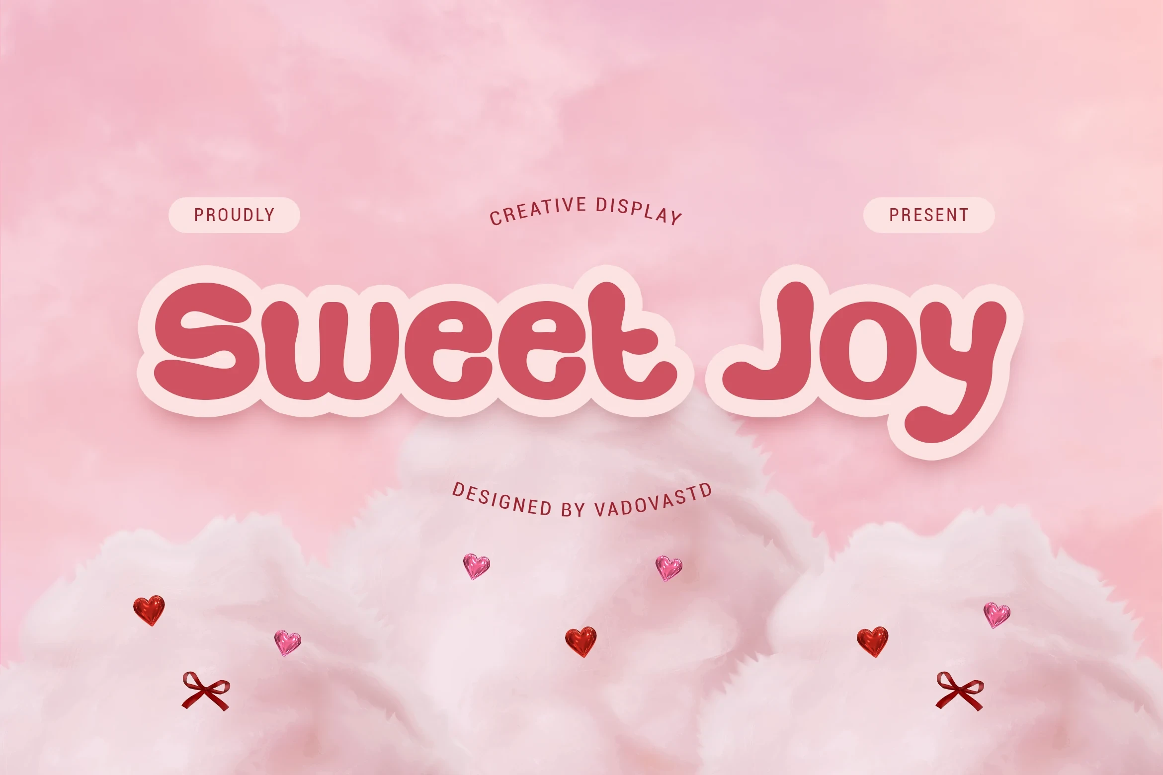 Sweet Joy font preview showcasing bold, rounded, and playful lettering against a pink, cloud-filled background with heart and ribbon icons.