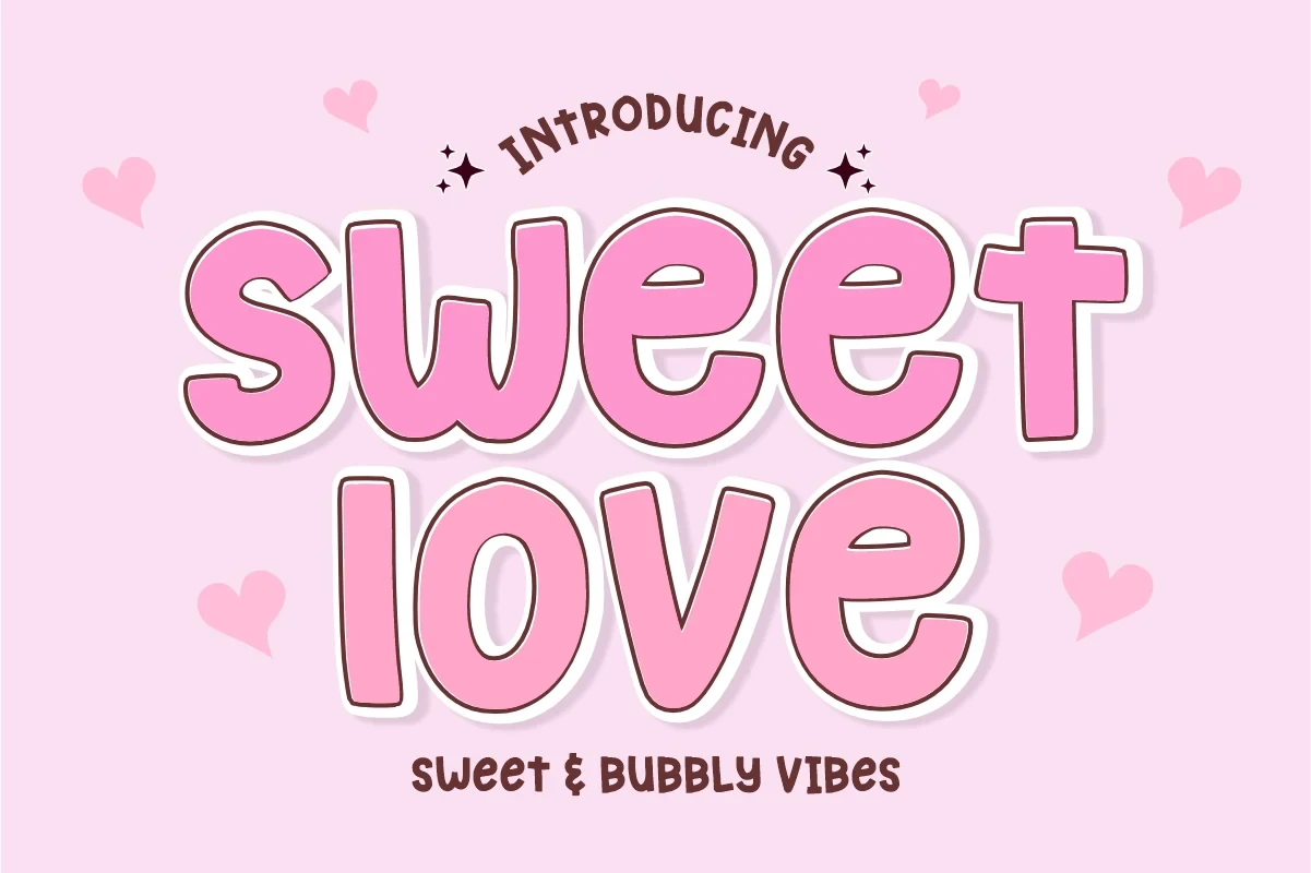 Sweet Love font preview showing the title in a bold, rounded sans-serif typeface with a dark outline and pink fill against a soft pink background.