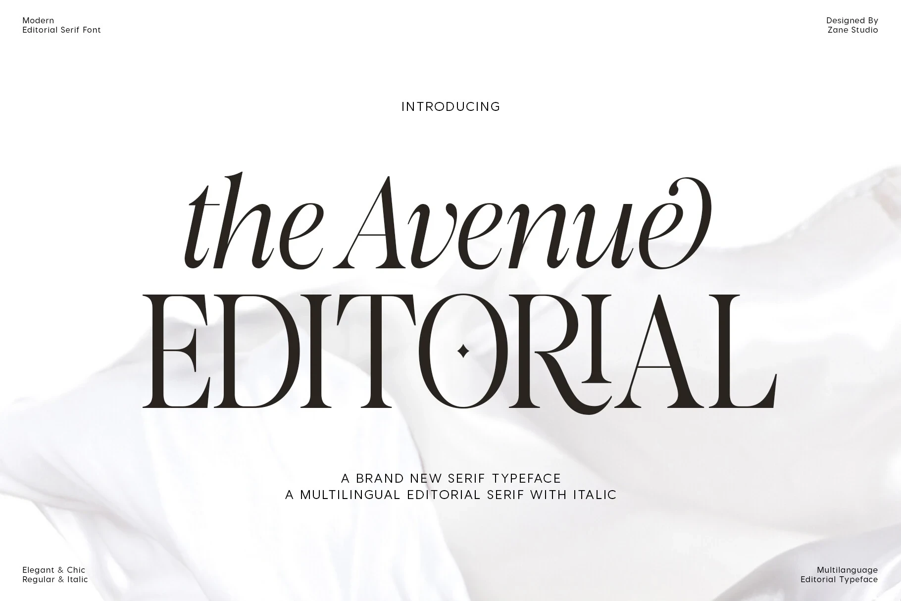 The Avenue Editorial Font featuring high stroke contrast between thick and thin lines and pronounced bracketed serifs
