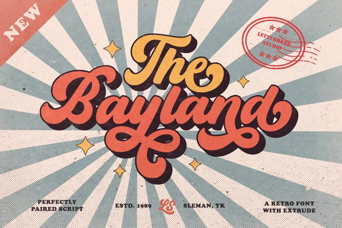 The Bayland font preview displaying the title in a bold, retro-style script paired with smaller sans-serif text on a sunburst background.