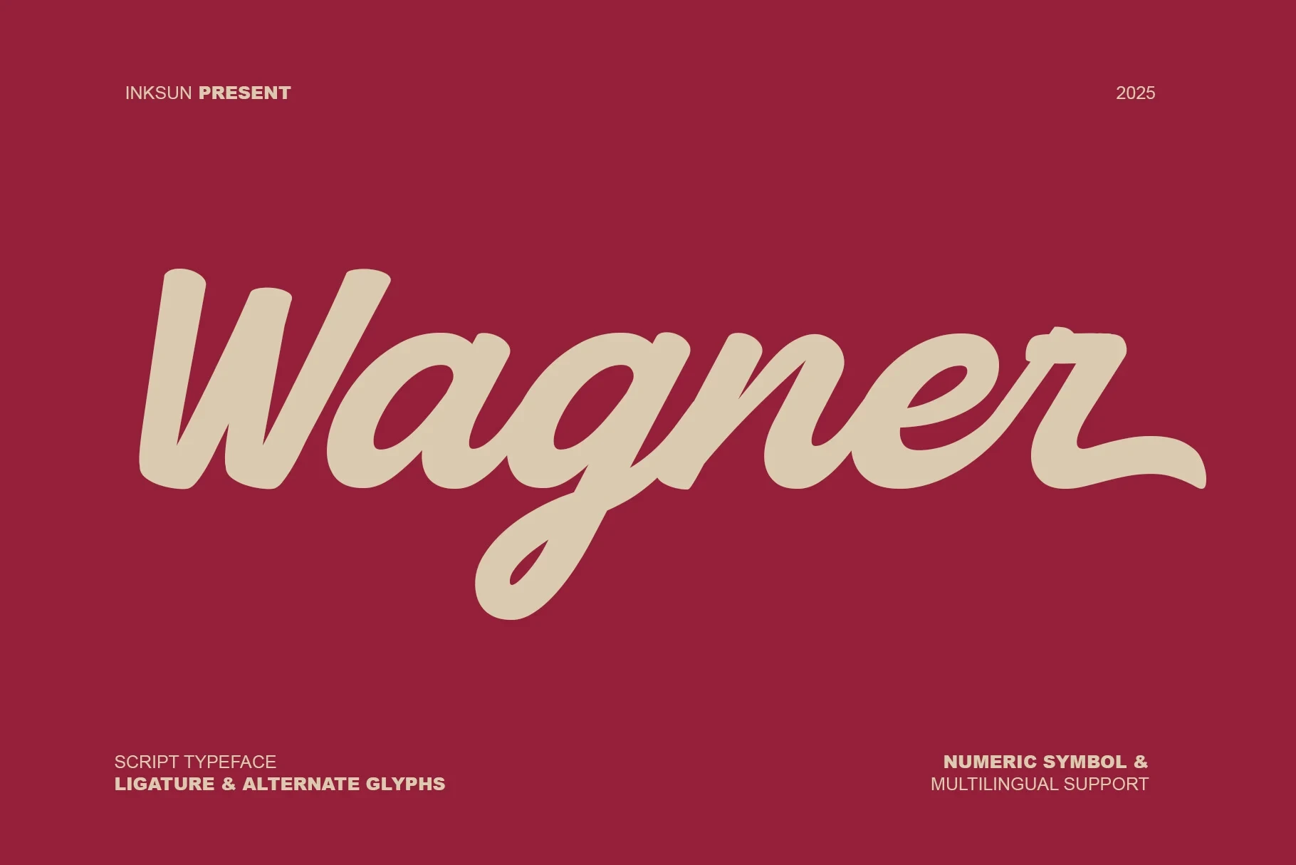 Wagner font preview featuring the word Wagner in a bold, cream-colored script style against a solid dark red background.